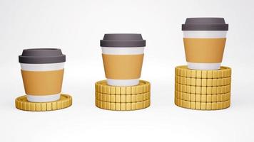 3D Rendering concept of inflation. cup of coffee on stacked golden coins in increasing order. 3D Render photo