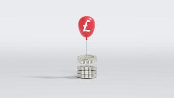 3D Rendering concept of money inflation. A silver sterling pound coin is raised up by a pound sterling symbol pound balloon isolated on background. 3D Render. 3D illustration. photo