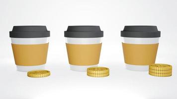 concepto de representación 3d de la inflación. taza de café y monedas de oro apiladas en orden creciente. renderizado 3d foto