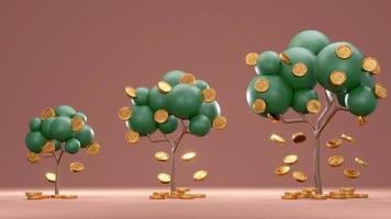 concepto de representación 3d de inversión de dinero. árboles con monedas cayendo de pequeño a grande en el fondo. procesamiento 3d foto