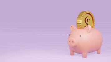 3D Rendering concept of a piggy bank with a big golden coin on purple background with blank space on the left for commercial design. 3D Render. photo