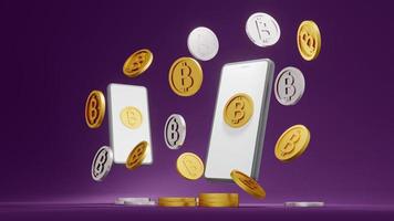 3D Rendering concept of golden coins with B on the coins that referring to cryptocurrency bitcoin and a smart phone for commercial design. 3D Render. photo