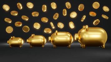 3D Rendering concept of golden piggy banks in several sizes arrange from small to big on black background with coins falling down. 3D Render. photo