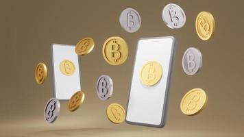 3D Rendering concept of golden coins with B on the coins that referring to cryptocurrency bitcoin and a smart phone for commercial design. 3D Render. photo