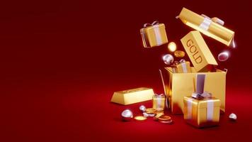 3D Rendering concept of golden piggy bank, golds, golden coins, presents on red background.3D Render. photo