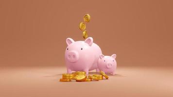 3D Rendering concept of investment. Big and small piggy banks with coins on background for commercial design. 3D Render. photo