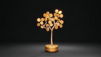 concepto de inversión en representación 3d. un árbol de dinero en una pila de monedas en el fondo. procesamiento 3d foto