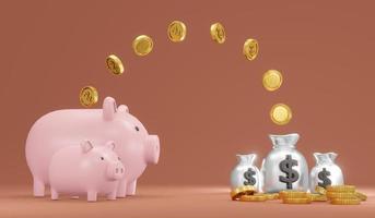 3D Rendering concept of investment, savings. Big and small piggy banks with coins transferring to money bags on background for commercial design. 3D Render. photo