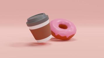 3d Rendering concept of food, American breakfast. A cup of coffee with a doughnut on pink background. 3D Render. 3D illustration. Minimal design template. photo