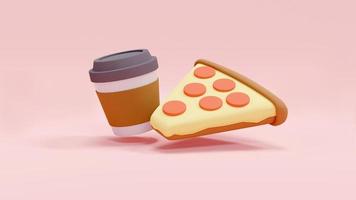 3D Rendering concept of food. 3d render of a slide of pizza and a cup of coffee. photo