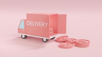 3D Rendering concept of money and financial. car truck with text delivery with money coins isolated on pink background. 3D render. 3D illustration. photo