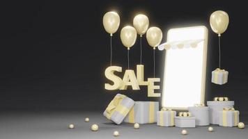 3D Rendering concept of E-commerce, online shopping. smartphone with gift boxes, balloons and text SALE floating on background for commercial design. Grey and yellow theme. 3D render. photo