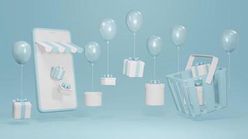 3D Rendering concept of E-commerce, online store shopping. smartphone with gift boxes and balloons for commercial design. 3D render. photo