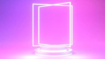 Representación 3d de pedestal sobre fondo de luz de neón púrpura y rosa colorido, marco cuadrado, cilindro, concepto mínimo abstracto, diseño limpio, maqueta minimalista. procesamiento 3d foto
