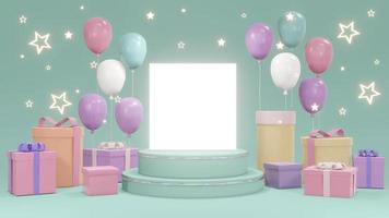3D Rendering concept of podium with present boxes, balloons, a shiny ring and a blank paper on blue background for commercial design. 3D Render. photo