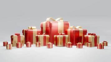 Concepto de representación 3d de conjunto de cajas de regalo envueltas para diseño comercial. regalos de vacaciones. regalos de cumpleaños. tema rojo y dorado sobre fondo blanco. procesamiento 3d foto
