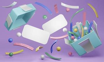 3D rendering concept of open gift box to show geometric elements and blank papers for commercial design. 3D render. 3D illustration. photo