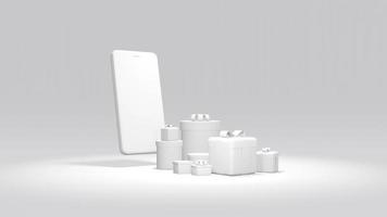 3D Rendering concept of online shopping. smartphone with gift boxes in white theme for commercial design. 3D render. photo