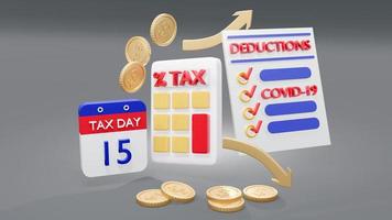 3d Rendering concept of tax. a calculator, coins, arrows, a list of deductions with covid-19 in the list and a calendar on background. 3D render. photo