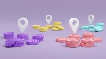 3D Rendering concept of money and currency. White location symbols and stack of money coins in many colors. Colorful. Pastel. 3D illustration. photo