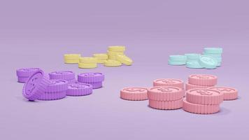 Concepto de representación 3D de dinero y moneda. montones de monedas de dinero en muchos colores. vistoso. pastel. ilustración 3d foto