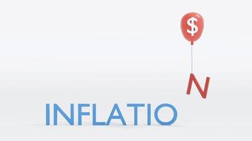 concepto de representación 3d de la inflación financiera. texto inflación con un globo rojo tomando n en el aire con un espacio en blanco a la derecha. procesamiento 3d ilustración 3d foto