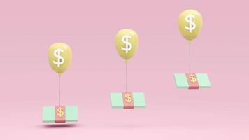 3D Rendering concept of financial inflation. a balloon taking a pack of dollar bill up on the air on background. 3D render. 3D illustration. Pastel theme. Minimalism. photo