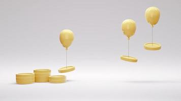 3D Rendering concept of money inflation concept, money spending. Coins are raised up by balloons isolated on background. 3D Render. 3D illustration. photo