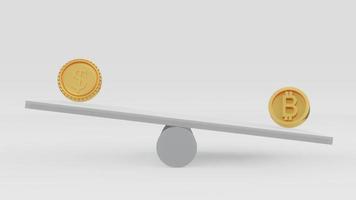 Equilibrio de representación 3d con moneda bitcoin más pesada que el concepto de moneda de dólar de moneda fiduciaria frente a criptomoneda. Ilustración de procesamiento 3d. foto