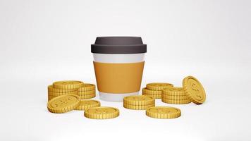 concepto de representación 3d de financiero. una taza de café y muchas monedas de oro en el fondo. renderizado 3d foto