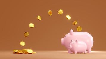 3D Rendering concept of investment. Big and small piggy banks with coins on background for commercial design. 3D Render. photo