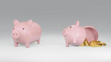 3D Rendering concept of a broken piggy bank with golden coins and a piggy bank on white background. 3D Render. photo