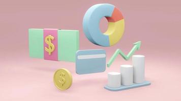 3D rendering concept of money saving icon, money management. Dollar bill, coin, pie chart, arrow, graph and credit card on pink background. 3D Render. 3D illustration. photo