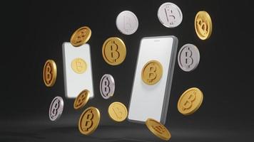 Concepto de representación 3d de monedas de oro con b en las monedas que se refieren a la criptomoneda bitcoin y un teléfono inteligente para diseño comercial. procesamiento 3d foto