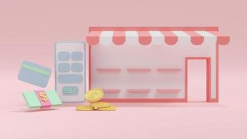 concepto de representación 3d de compras en línea. vista frontal de la tienda en línea con estantes balnk, un teléfono inteligente, un paquete de billetes de un dólar, tarjeta de crédito, monedas en el fondo. procesamiento 3d ilustración 3d foto