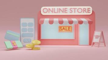 3D Rendering concept of online shopping. front view of online store with SALE sign, a smartphone, a pack of dollar bill, credit card, coins on background. 3D render. 3D illustration. photo