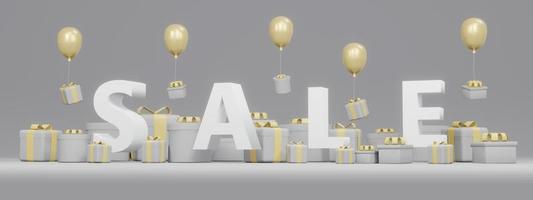 3D Rendering concept of online shopping. gift boxes, balloons and text SALE flying out from boxes on background in grey and yellow theme for commercial design. 3D render. photo