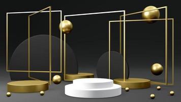 3D rendering concept of product display podiums with glowing and opaque geometry elements for commercial template design. 3D Render. Platform exhibition. Black and gold theme. photo