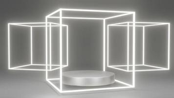 3D rendering concept of product display podiums with glowing and opaque geometry elements for commercial template design. 3D Render. Platform exhibition. Metallic silver theme. photo