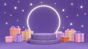 3D Rendering concept of podium with present boxes, shiny stars and a shiny ring on purple background for commercial design. 3D Render. photo