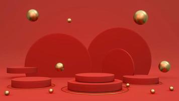 3D rendering concept of red gold podium. Bright red podium product stand display and background with golden elements composed for commercial design. 3D render. 3D illustration. photo