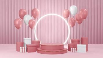 3D Rendering concept of podium with present boxes, balloons and a shiny ring on pink background for commercial design. 3D Render. photo