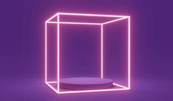 3D rendering concept of futuristic glowing led lines lights square with a blank podium in purple theme for commercial cosmetic luxury design. 3D Rendering. 3D illustration. Abstract light concept. photo