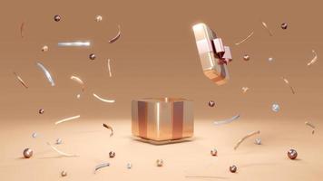 3D rendering concept of a present box opens up with geometric confetti elements around and blank space for commercial design. 3D render. 3D illustration. photo