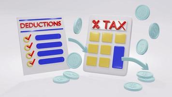 concepto de representación 3d de impuestos. una calculadora, monedas, flechas y una lista de deducciones en segundo plano. procesamiento 3d foto