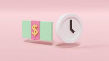 3D Rendering concept of money and time. a pack of dollar bill and a clock in pastel. 3D render. 3D illustration. Minimal. photo