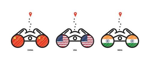 Country flags location icons. Viewing country locations with binoculars, location icons for travel. Flags of China, USA, India. Editable stroke. vector