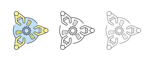 Teamwork around the table, information exchange. Business related invention, meeting for invention. Teamwork vector icons. Editable Stroke. Modern line art icon set.