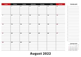 agosto de 2022 calendario mensual de bloc de escritorio la semana comienza en domingo, tamaño a3. vector