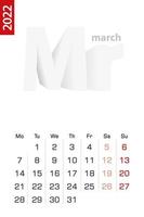 Minimalist calendar template for March 2022, vector calendar in English.